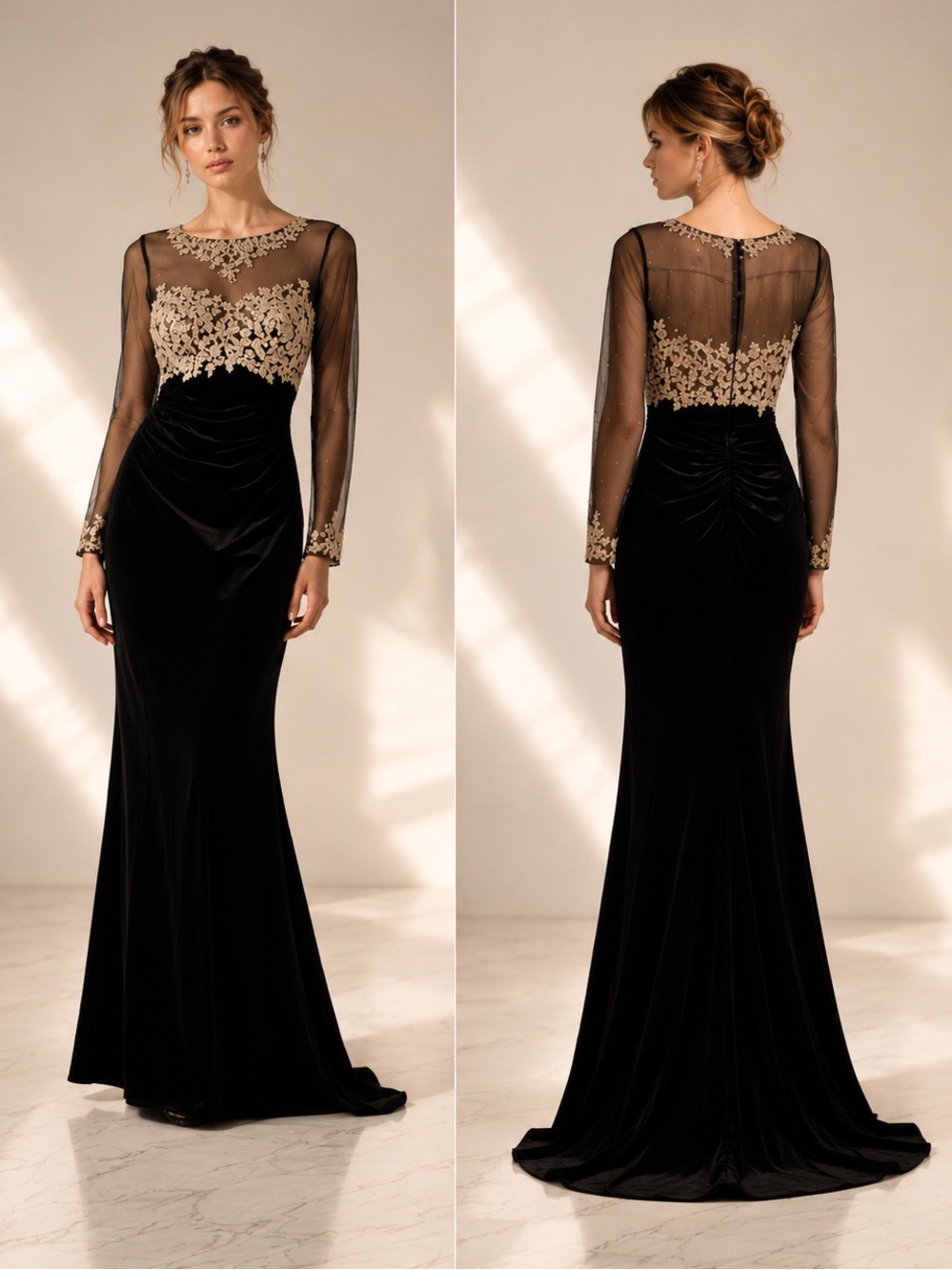 Xscape Evening Gown Floor lenght Embellished Mesh Bodice Velvet Maxi Dress Sz 6